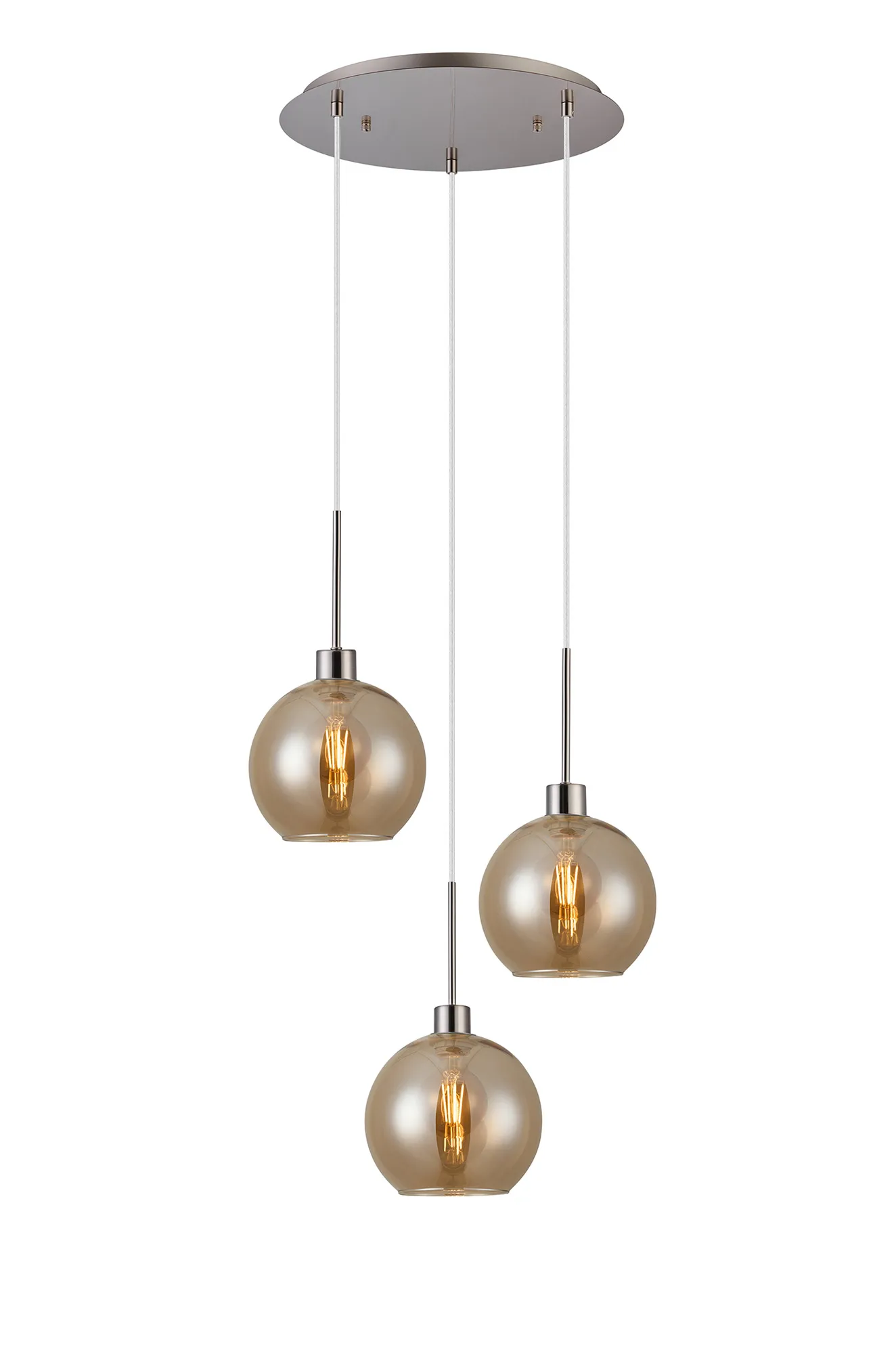 Lori 40cm Round Pendant, 3 Light Adjustable E27, Satin Nickel/Amber Open Mouth Round Globe Shades DK1365  Deco Lori Satin Nickel